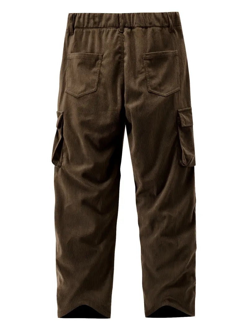 Cozy Comfort] Men's Brown Corduroy Cargo Pants with 3D Pockets - Casual, Breathable & Comfortable Polyester Woven Trousers for Casual Attire, Mid-Rise, Loose Fit, Ideal for Fall/Winter, Everyday Comfort Pants|Relaxed Fit Pants|Woven Fabric Pants