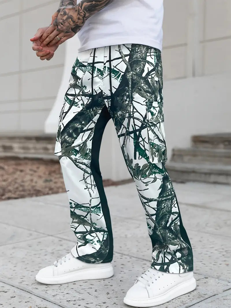 Men'S Street Style Cargo Pants, Polyester All Over Print Pocket Tie Front Flare Leg Pants, Loose Elastic Waist Bell Bottom Trousers for Daily Wear, Hiking & Outdoor