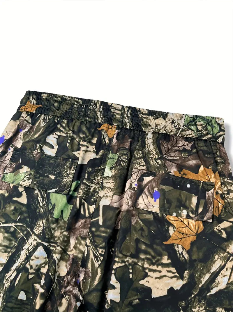 Men'S Street Style Cargo Pants, Polyester All Over Print Pocket Tie Front Flare Leg Pants, Loose Elastic Waist Bell Bottom Trousers for Daily Wear, Hiking & Outdoor