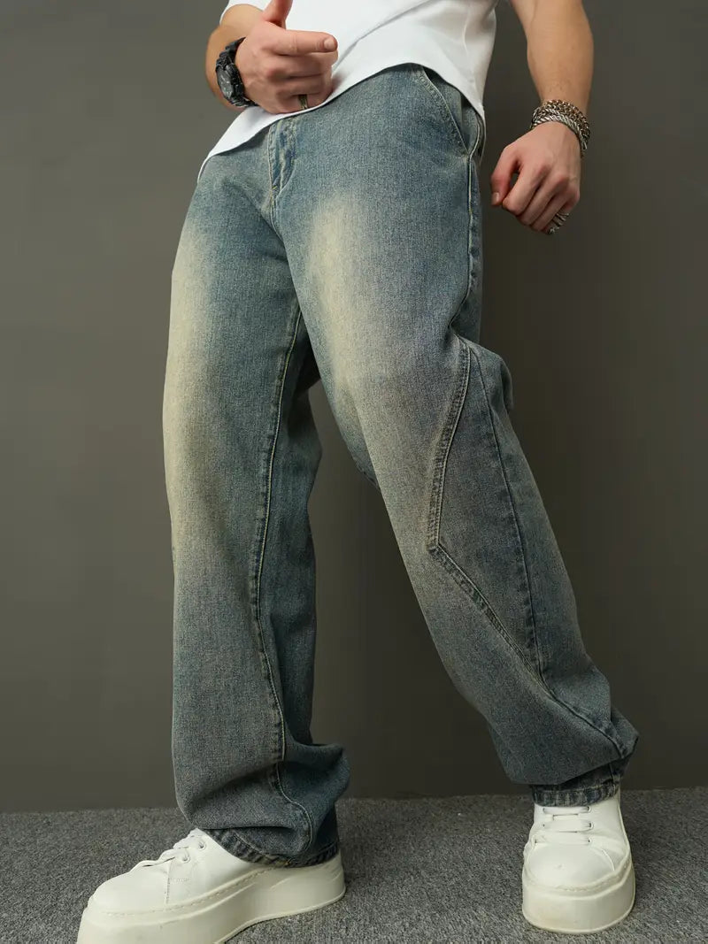 Retro Faux Denim Washed Straight Jeans