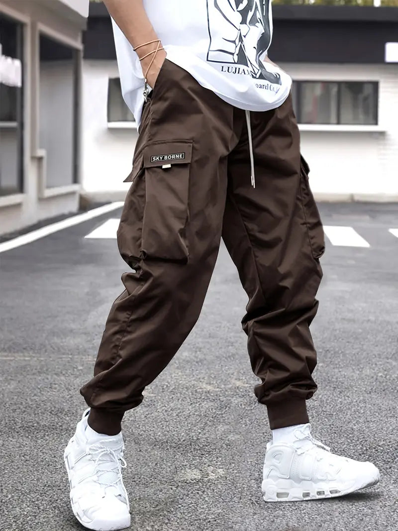 Mid-Rise Cargo Pants - Men's Casual Letter Pattern Trousers