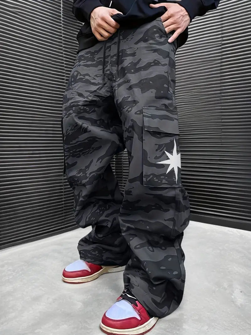 Men's Casual Cargo Pants With Multiple Pockets, Camouflage Pattern, Loose Fit