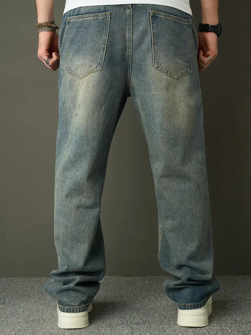 Retro Faux Denim Washed Straight Jeans