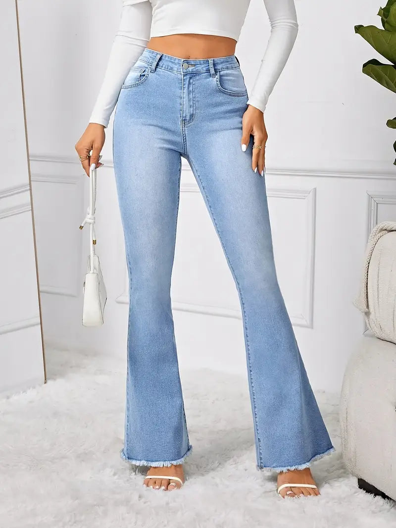 Ice Blue High-waisted Boot-cut Jeans for Women