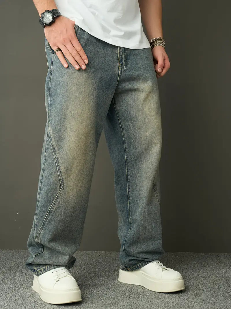 Retro Faux Denim Washed Straight Jeans