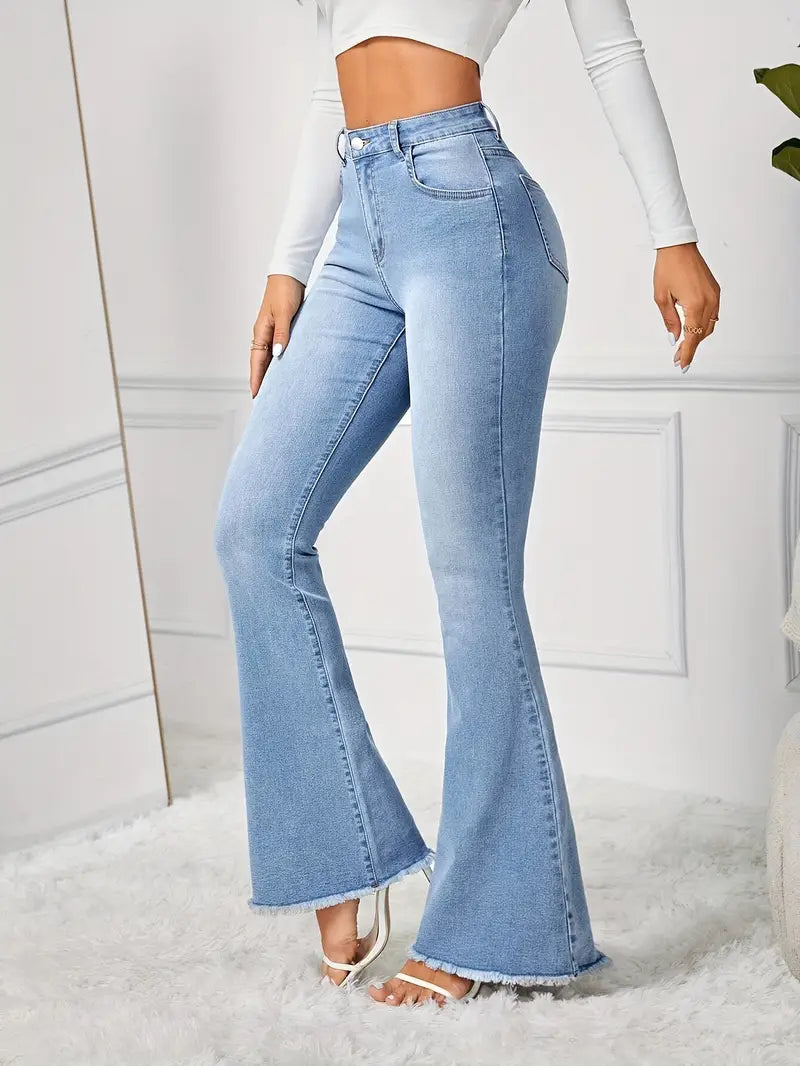 Ice Blue High-waisted Boot-cut Jeans for Women