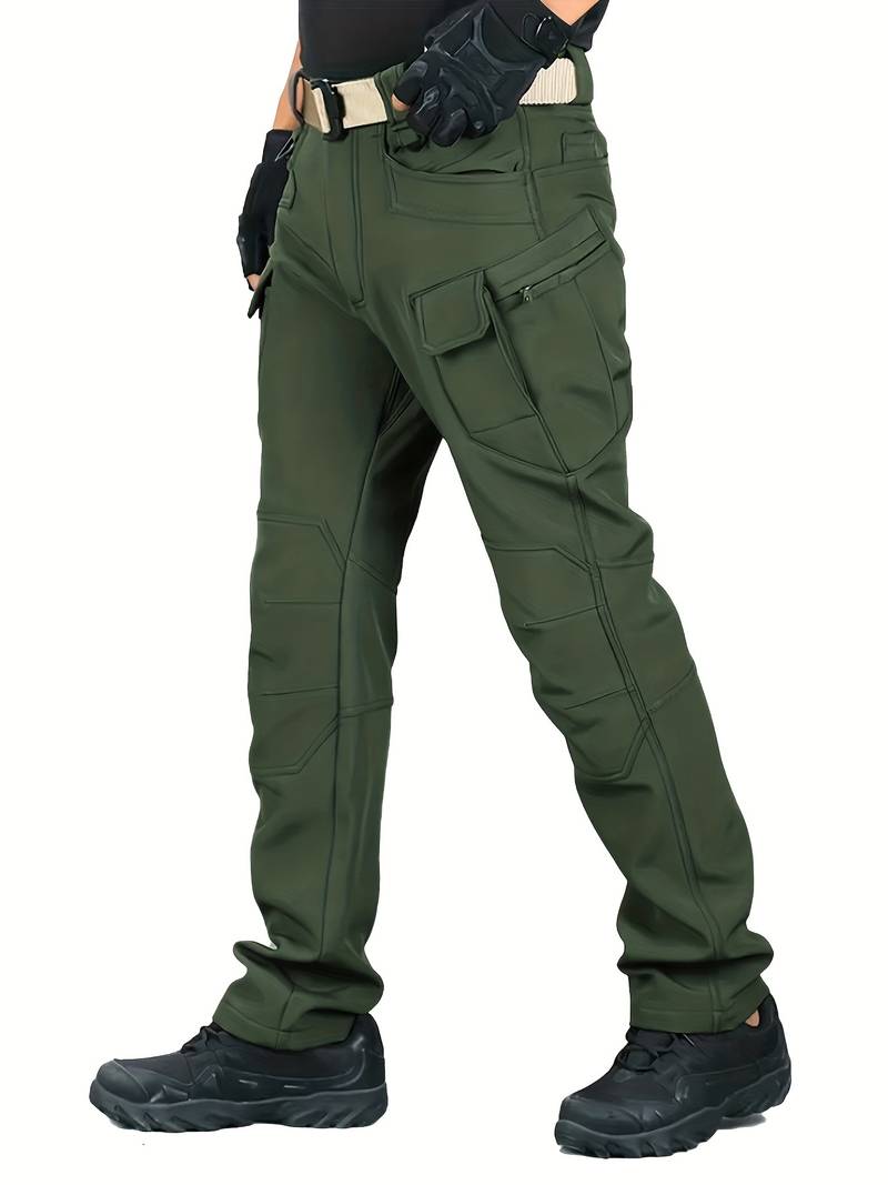 [Fleece-Lined Tactical Pants] Warm Fleece-Lined Men's Tactical Pants - Durable Polyester-Spandex Blend, Casual Style with Multiple Pockets & Adjustable Waistband for Winter Outdoor Activities