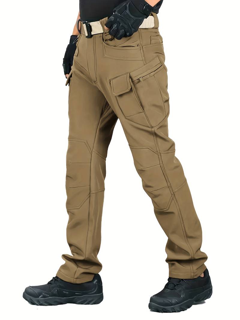 [Fleece-Lined Tactical Pants] Warm Fleece-Lined Men's Tactical Pants - Durable Polyester-Spandex Blend, Casual Style with Multiple Pockets & Adjustable Waistband for Winter Outdoor Activities