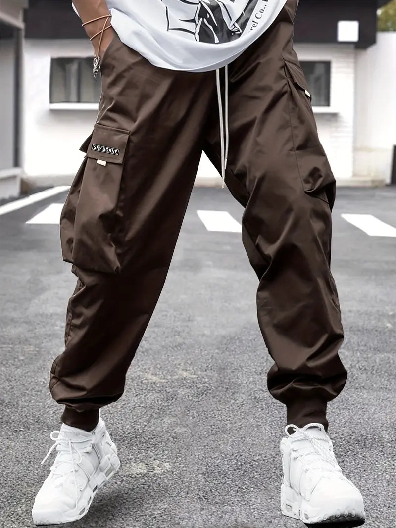 Mid-Rise Cargo Pants - Men's Casual Letter Pattern Trousers