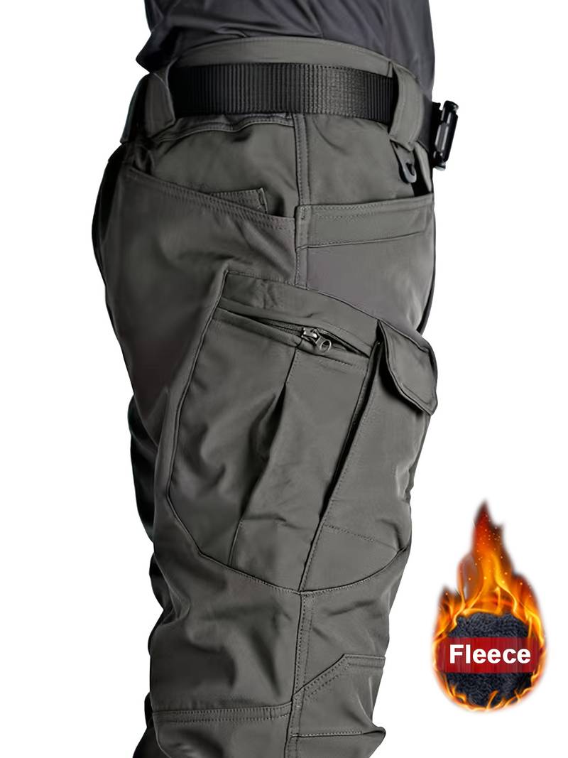 [Fleece-Lined Tactical Pants] Warm Fleece-Lined Men's Tactical Pants - Durable Polyester-Spandex Blend, Casual Style with Multiple Pockets & Adjustable Waistband for Winter Outdoor Activities