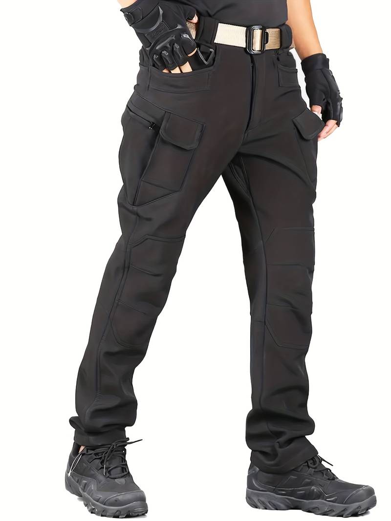 [Fleece-Lined Tactical Pants] Warm Fleece-Lined Men's Tactical Pants - Durable Polyester-Spandex Blend, Casual Style with Multiple Pockets & Adjustable Waistband for Winter Outdoor Activities