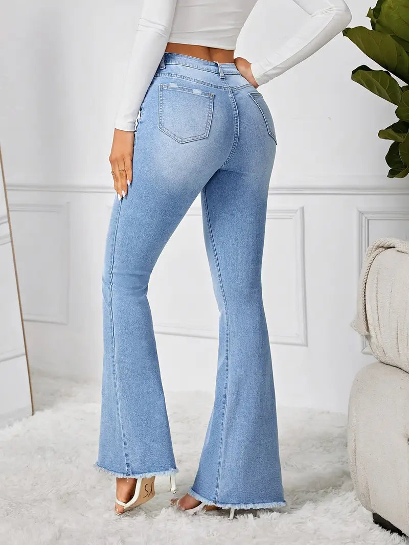 Ice Blue High-waisted Boot-cut Jeans for Women