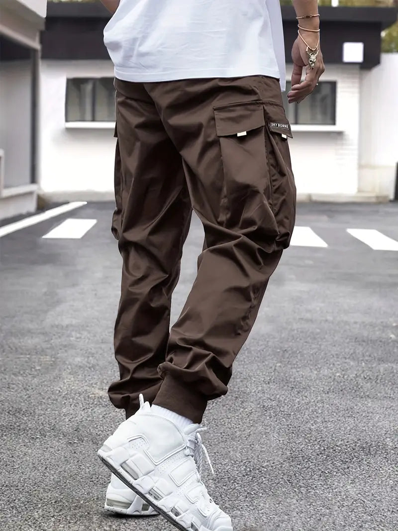 Mid-Rise Cargo Pants - Men's Casual Letter Pattern Trousers