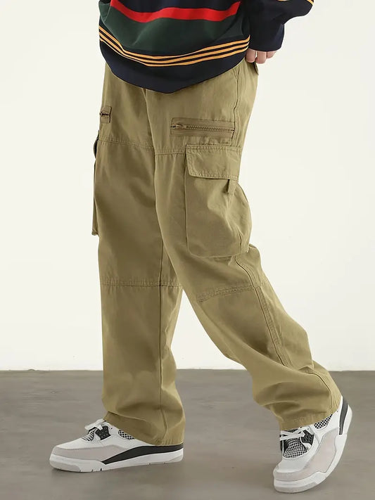 Men's Casual Solid Color Polyester Cargo Pants - Comfortable Loose Fit with Flap Pockets