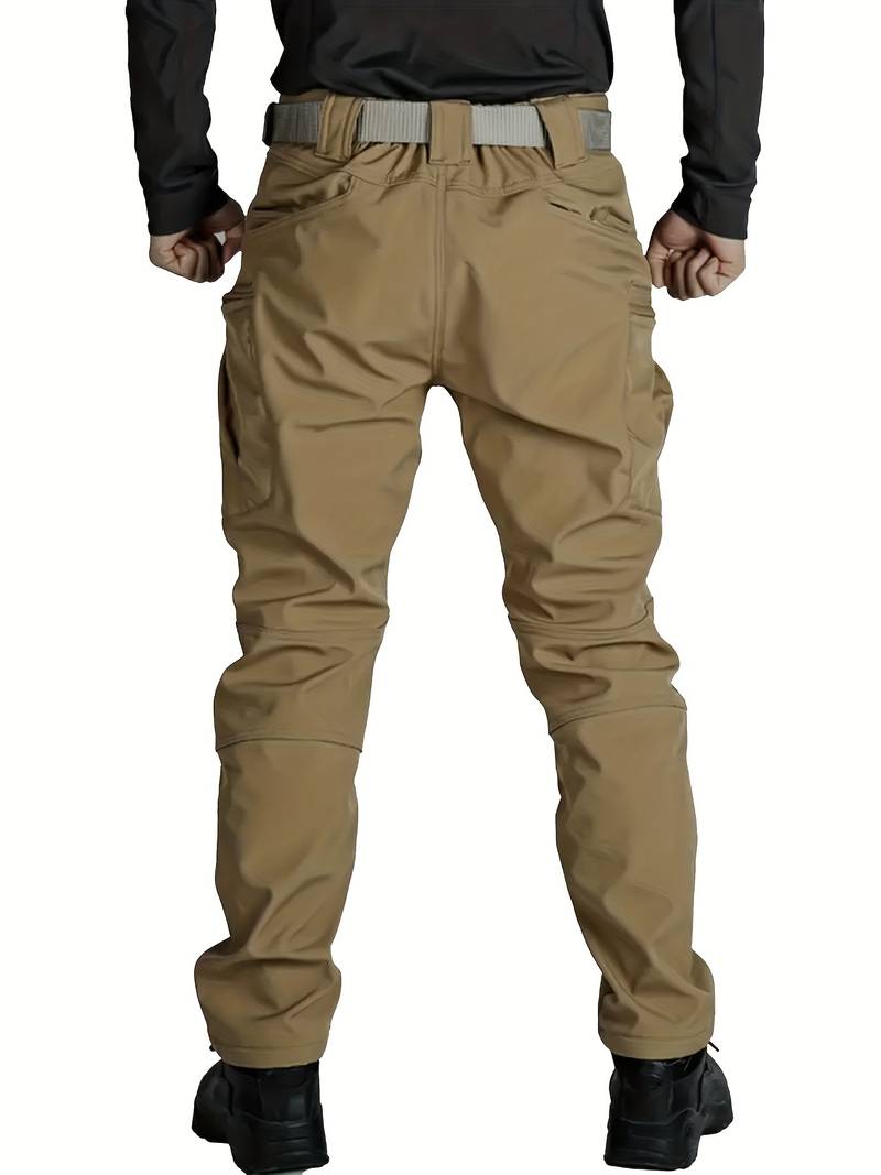 [Fleece-Lined Tactical Pants] Warm Fleece-Lined Men's Tactical Pants - Durable Polyester-Spandex Blend, Casual Style with Multiple Pockets & Adjustable Waistband for Winter Outdoor Activities