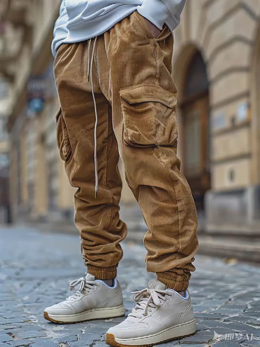 1pc Men'S Corduroy Cargo Pants, Solid Color Mid Waist with Pockets, Drawstring Waist, Slight Stretch, Casual Regular Fit, Comfortable Breathable Polyester-Lined, Fashionable Daily Holiday Trousers